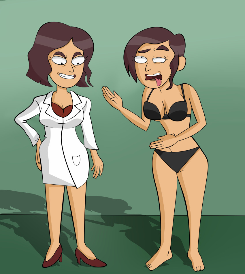 absurdres bikini bikini_bottom bikini_top brown_hair clothed female_only femdom femsub high_heels inside_job jacket lab_coat open_mouth ponytail reagan_ridley robo-reagan smile somnowalkerx standing tongue tongue_out western