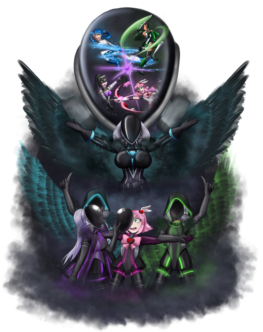 belt black_hair blue_hair bow corruption drone dronification enemy_conversion face_mask faceless gas_mask gloves green_eyes green_hair grey_hair heart hood latex lion-oh-day magic magical_girl open_mouth opera_gloves pink_hair uniform weapon white_background wings