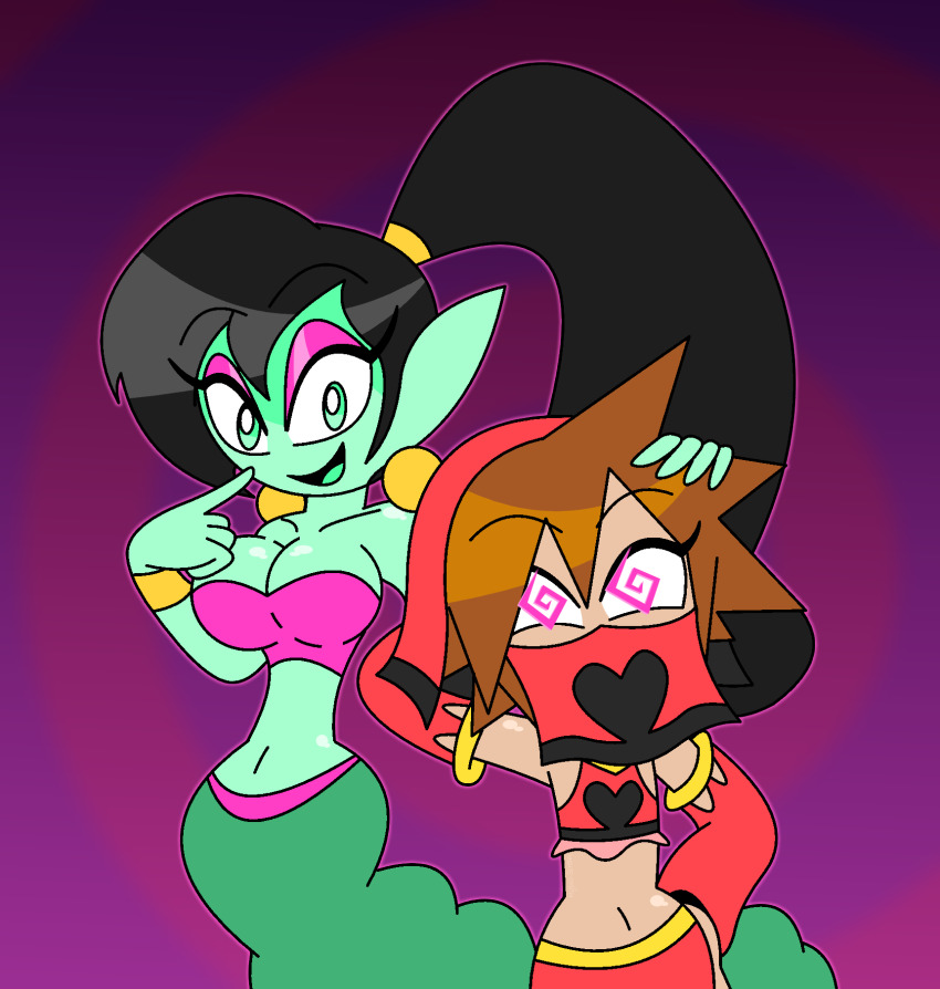 aladdin_(series) arm_warmers arms_behind_back black_hair bra bracelet brown_hair cleavage collarbone dancer dancing disney earrings eden_(aladdin) elf_ears eyebrows_visible_through_hair eyeshadow femdom genie green_eyes green_skin hand_on_head hand_on_hip happy_trance harem_outfit heart hypnoscream jewelry kingdom_hearts long_hair malesub midriff navel pink_eyes ponytail ring_background side_slits simple_background smile sora spiral_eyes turning_the_tables veil