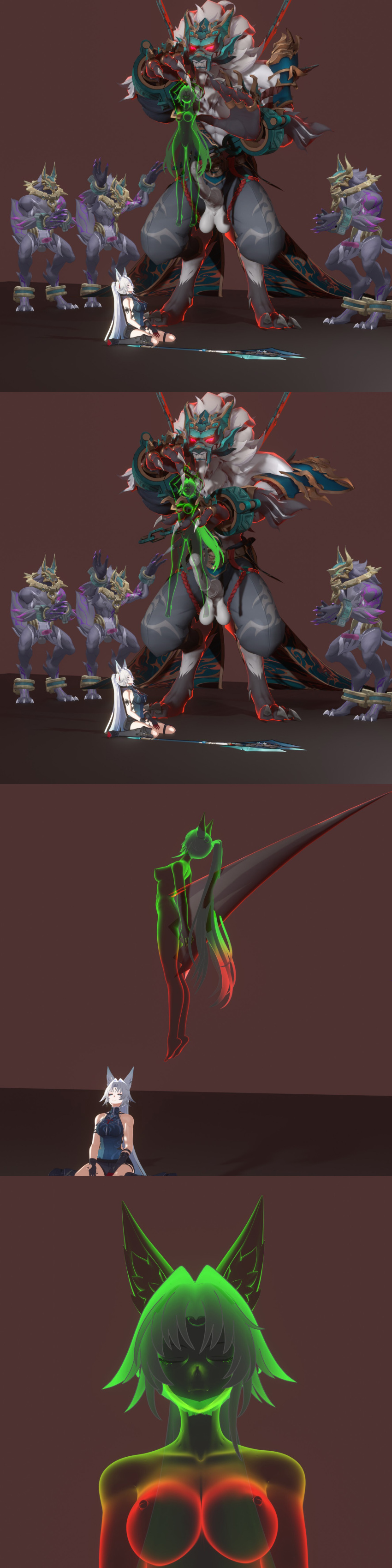 3d absurdres alternate_color_scheme alternate_form arms_above_head bare_shoulders body_markings borisin breasts closed_eyes dab_neko defeated facial_markings feixiao_(honkai_star_rail) femsub geist_guy glowing_eyes honkai_star_rail hoolay_(honkai_star_rail) kneeling large_breasts large_penis maledom mask nude penis possession red_eyes silver_hair sitting soul_removal standing stellejade tagme tail thighs very_long_hair weapon white_hair wolf_boy wolf_girl