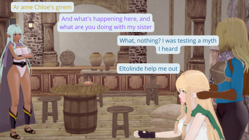 accidental_hypnosis black_skin blonde_hair brown_hair chloe_(unicorn_overlord) clothed complex_background dialogue drunk elf_ears eltolinde female_only femsub light_skin mantra rosalinde silver_hair tagme text unicorn_overlord