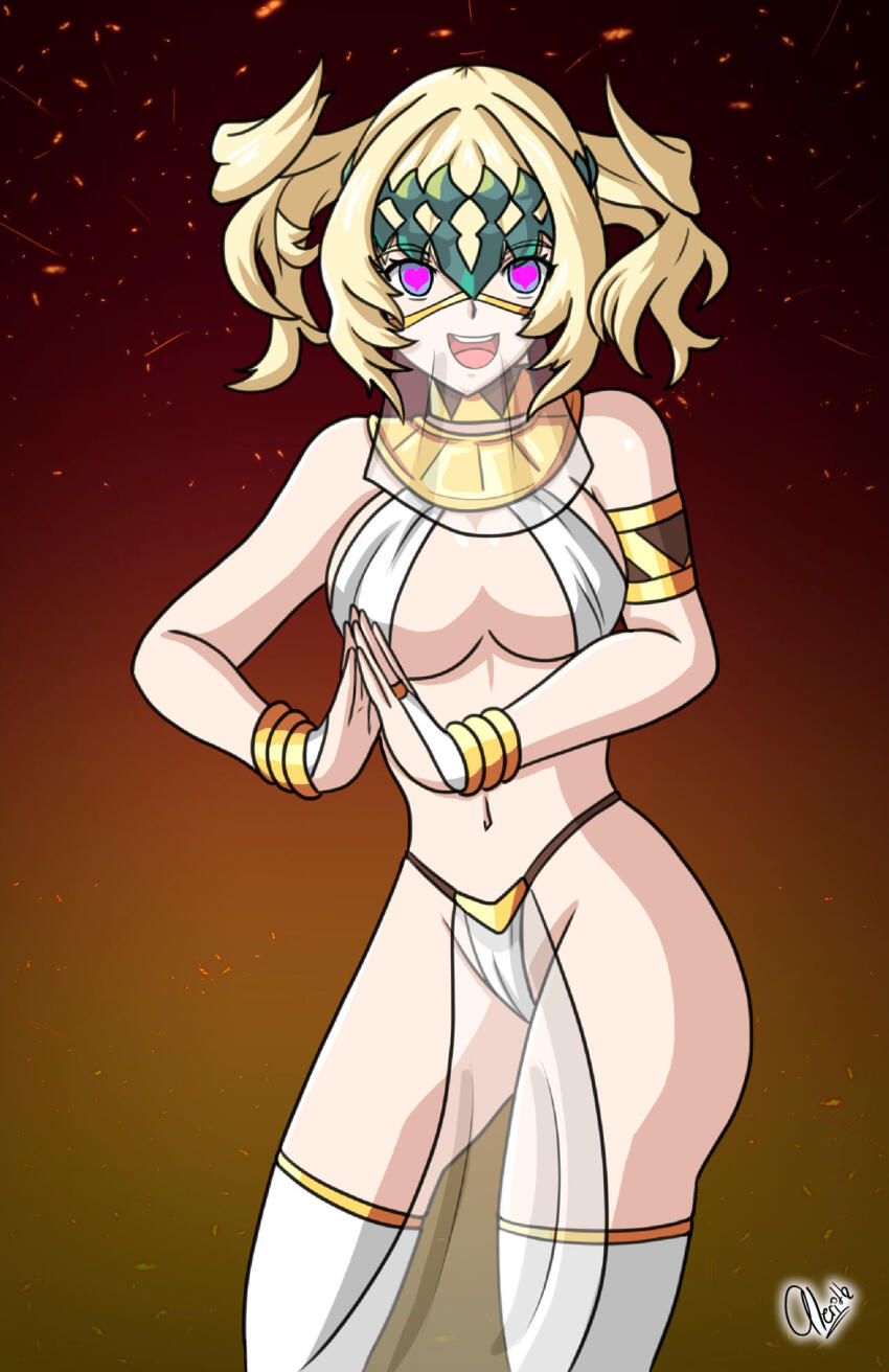 alerith alternate_costume bare_shoulders blonde_hair breasts command_seal dancer dancing fate/grand_order fate_(series) female_only femsub happy_trance harem_outfit heart heart_eyes large_breasts midriff navel pollux_(fate) smile solo symbol_in_eyes thick_thighs thighhighs thighs veil