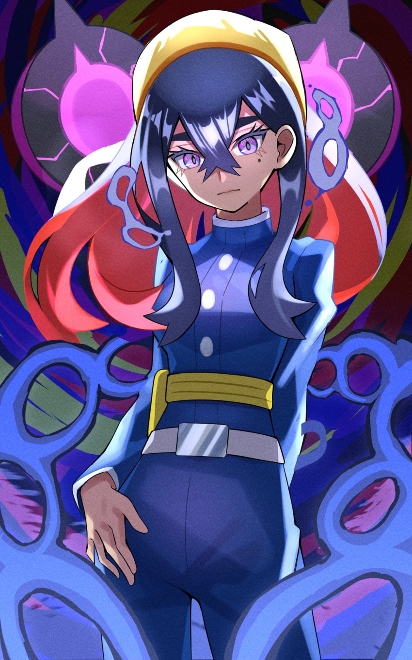 androgynous_dom black_hair breasts carmine_(pokemon) clothed control_indicator expressionless eye_color_change eyelashes femsub inana_ume_(ume_ume1124) jacket long_hair looking_at_viewer mole multicolored_hair nintendo pants pecharunt pokemon pokemon_scarlet_and_violet possession purple_eyes red_hair