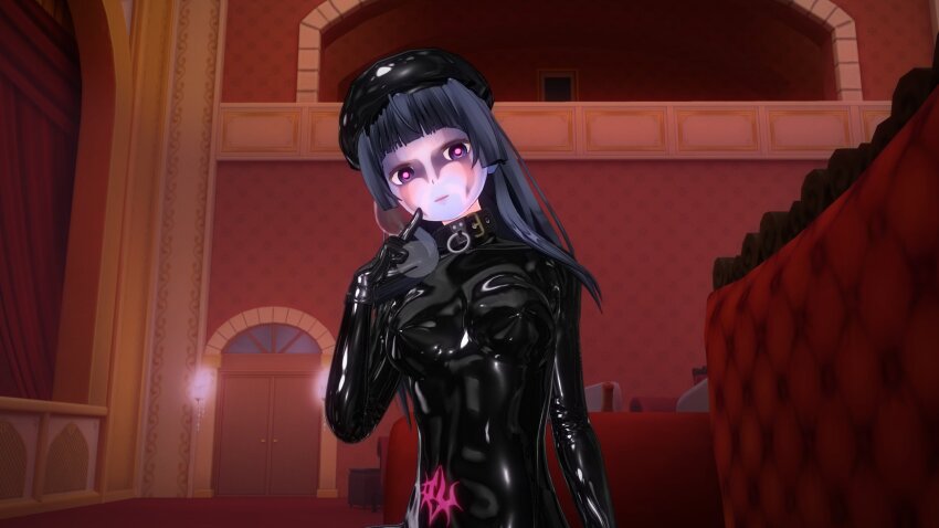 3d black_hair blue_skin bodysuit collar crotch_tattoo expressionless face_paint female_only femsub gloves hat latex li_q long_hair looking_at_viewer multicolored_eyes original pink_eyes purple_eyes rubber sitting solo straight-cut_bangs tight_clothing