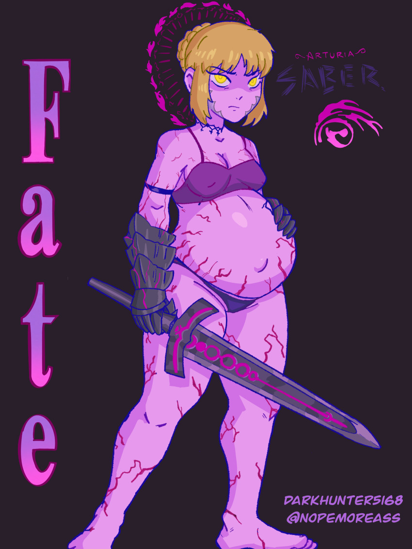alternate_color_scheme alternate_costume alternate_hairstyle angra_mainyu artoria_pendragon barefoot body_markings control_indicator corruption darkhunter5168 english_text eye_color_change facial_markings fate/stay_night fate/stay_night_heaven&#039;s_feel fate_(series) feet femsub halo pale_skin platinum_blonde_hair possession pregnant saber_alter standing sword text weapon yellow_eyes