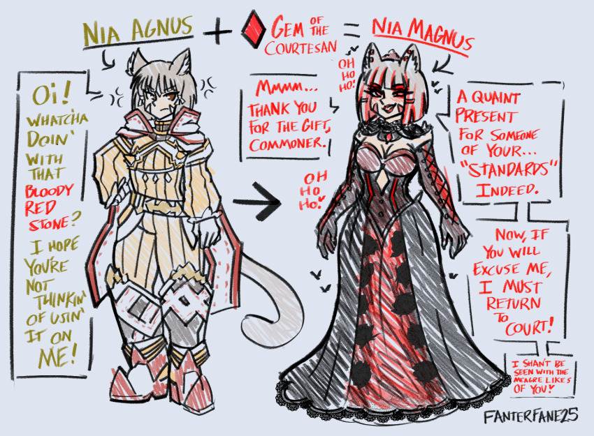 boots cat_ears cat_girl cat_tail corruption dialogue english_text eye_color_change eyebrows_visible_through_hair fanterfane femsub hypnotic_accessory nia_(xenoblade) nintendo opera_gloves original red_eyes red_hair shoulder_pads smile speech_bubble text xenoblade_chronicles xenoblade_chronicles_2 xenoblade_chronicles_3