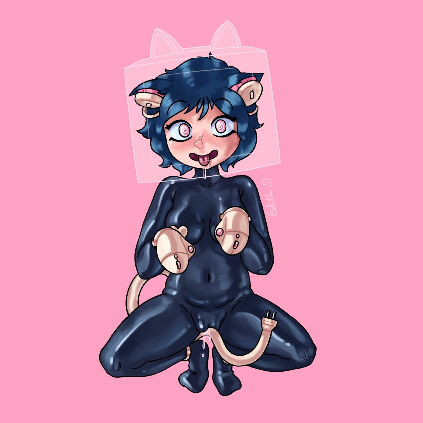 absurdres blue_hair bodysuit cat_ears cat_girl cat_pose crotch_rub drool edith_is_dead female_only femsub happy_trance headphones open_mouth original pink_eyes pussy_juice short_hair simple_background smile solo spiral_eyes spread_legs squatting symbol_in_eyes tail tech_control tongue tongue_out x-ray