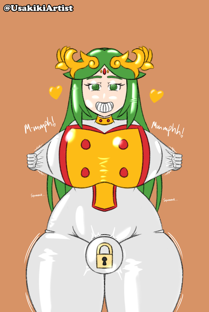 ass bodysuit breasts bulge crown female_only femsub futa_only futanari futasub green_eyes green_hair hair_ornament happy_trance heart huge_breasts kid_icarus latex long_hair meat_corp nintendo null_bulge palutena rubber smile spiral_eyes standing symbol_in_eyes thick_thighs uniform usakiki
