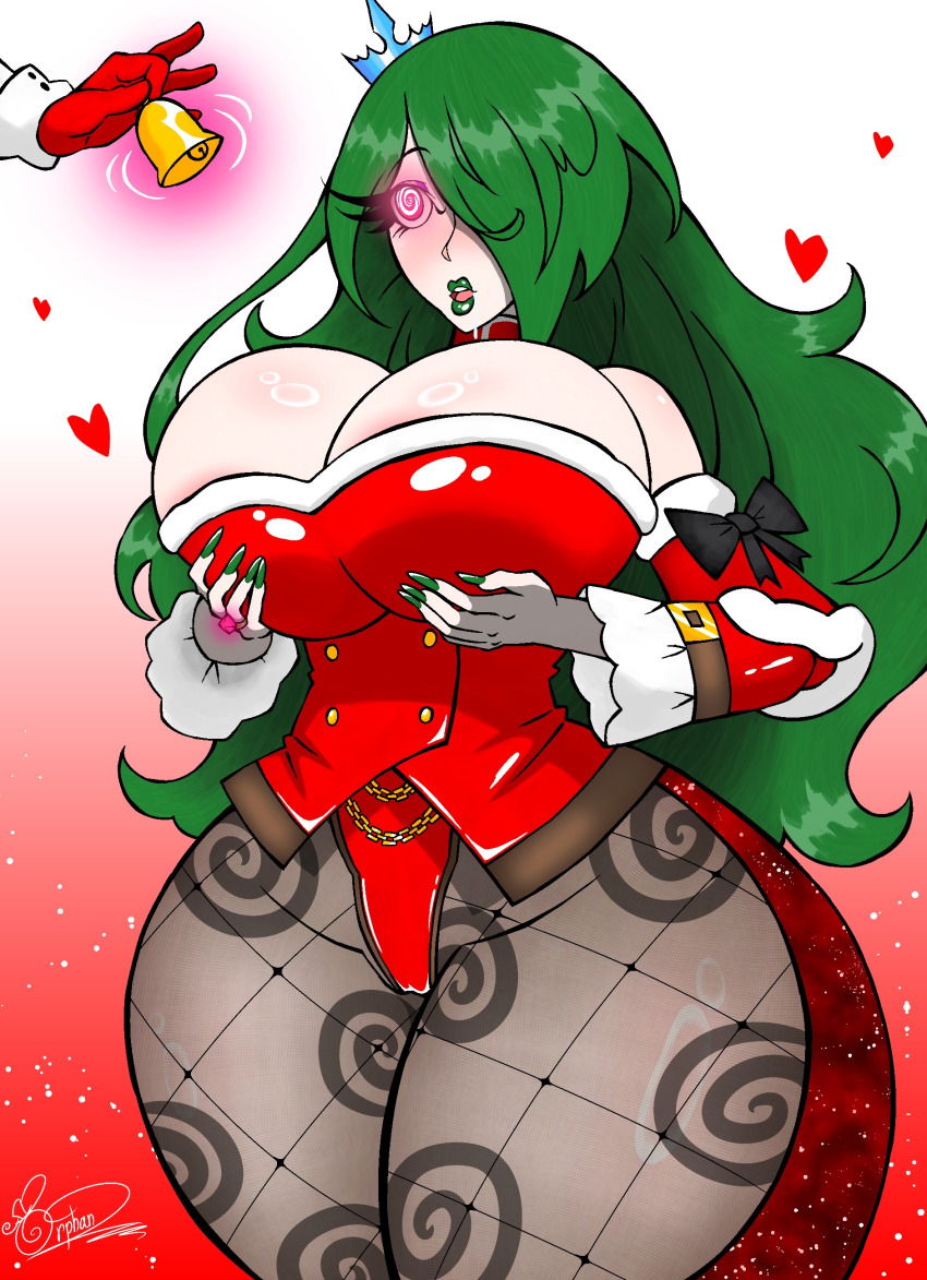 accord_(accord) belt blush christmas cleavage curvy drool expressionless femdom femsub green_hair hair_covering_one_eye hair_ornament huge_breasts hypnotic_audio lipstick long_hair luci_(orphan2) open_mouth original orphan2 pantyhose ring signature simple_background spiral spiral_eyes thick_thighs