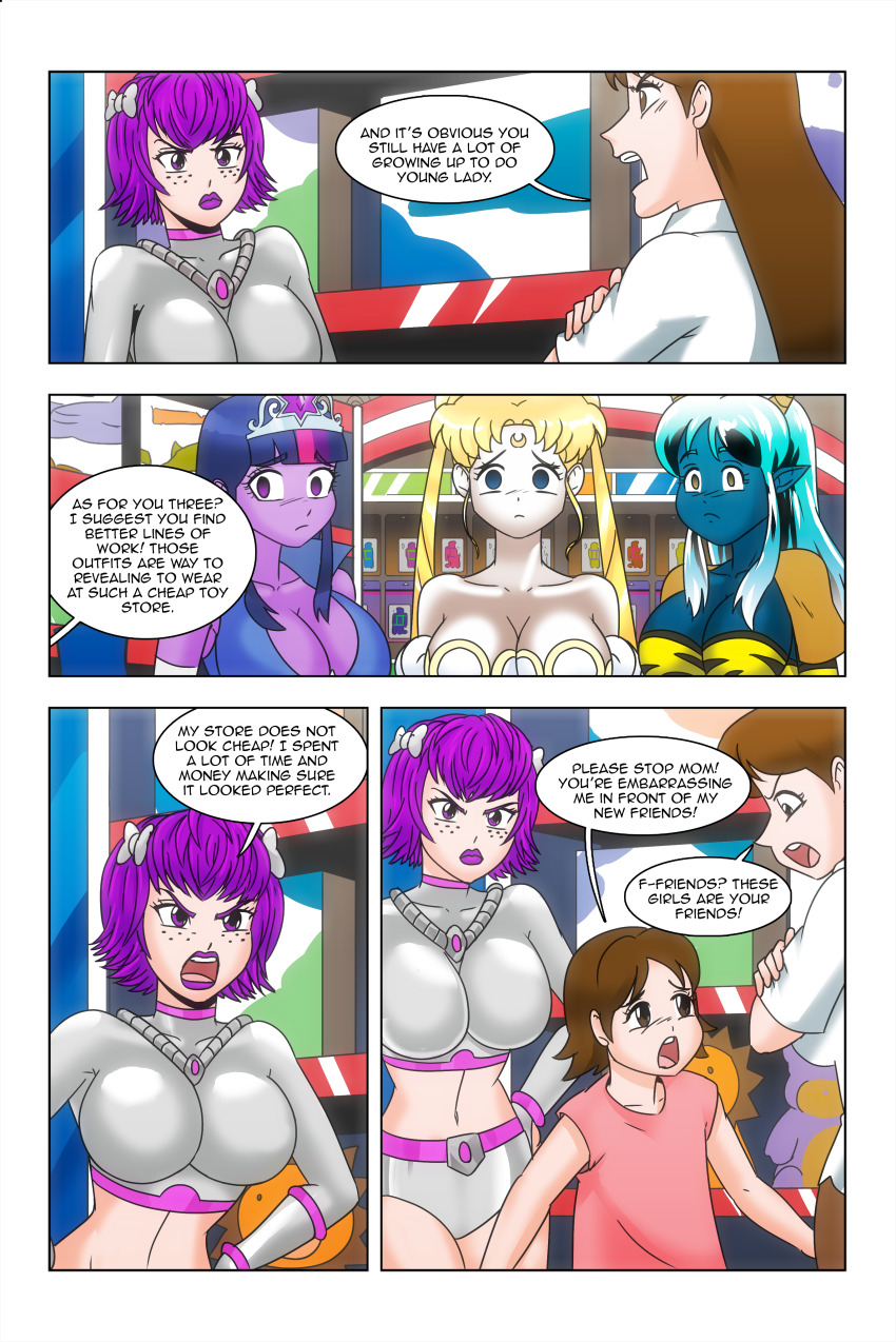 angry bare_shoulders blonde_hair blue_eyes bow brown_eyes brown_hair cleavage comic crossover crown dialogue dress equestria_girls facial_markings femdom femsub freckles green_hair hair_buns kimberly_smith_(daveyboysmith9) large_breasts lum midriff mother_and_daughter multicolored_hair my_little_pony original princess purple_eyes purple_hair purple_lipstick sailor_moon sailor_moon_(series) short_hair text twilight_sparkle twintails urusei_yatsura wadevezecha