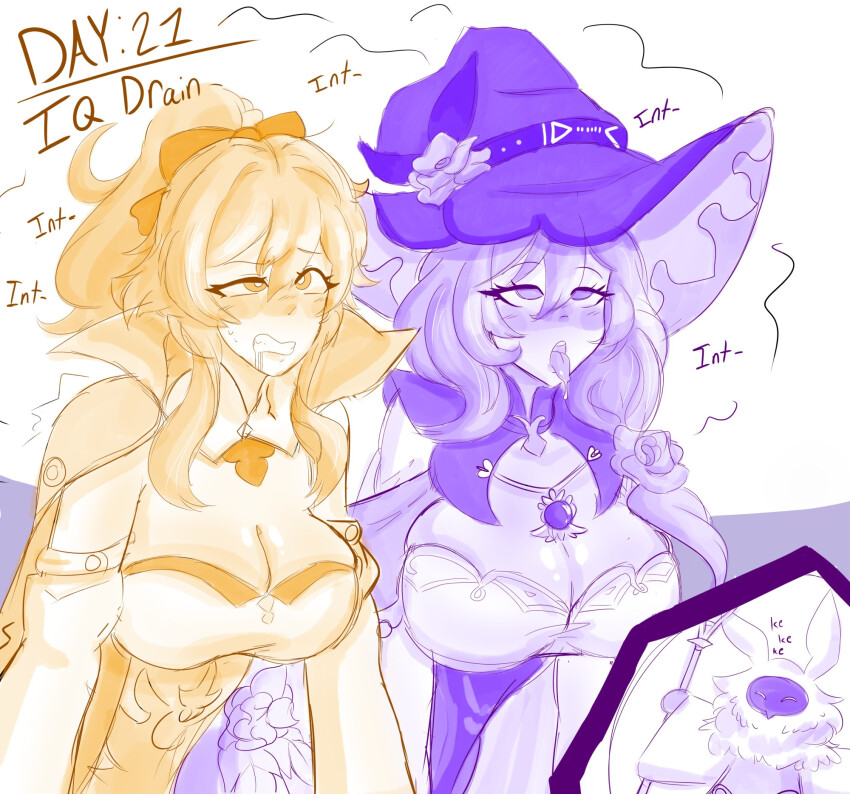 a_singular_fish abyss_mage_(genshin_impact) androgynous_dom animal_ears arm_warmers blonde_hair blush bow_tie brain_drain brown_hair bunny_ears cape cleavage cleavage_cutout clothed drool empty_eyes eyebrows_visible_through_hair female_only femsub flower fur_coat genshin_impact gloves hair_ribbon happy_trance hat heavy_eyelids hypnovember jean_(genshin_impact) jewelry large_breasts laughing leotard lisa_(genshin_impact) long_hair magic multiple_girls multiple_subs necklace open_mouth orange_eyes purple_eyes resisting simple_background staff tongue tongue_out white_background witch_hat