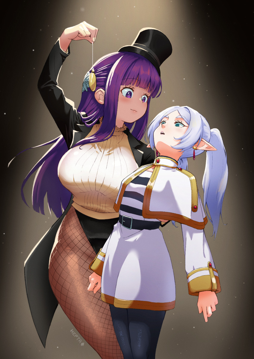 bangs breasts clothed earrings elf elf_ears empty_eyes expressionless female_only femdom femsub fern_(frieren:_beyond_journey's_end) fishnets frieren frieren:_beyond_journey's_end green_eyes hair_ornament hat heptaofspades huge_breasts leotard limp long_hair meme multiple_girls open_mouth pendulum purple_eyes purple_hair small_breasts stage_hypnosis standing straight-cut_bangs top_hat twintails white_hair
