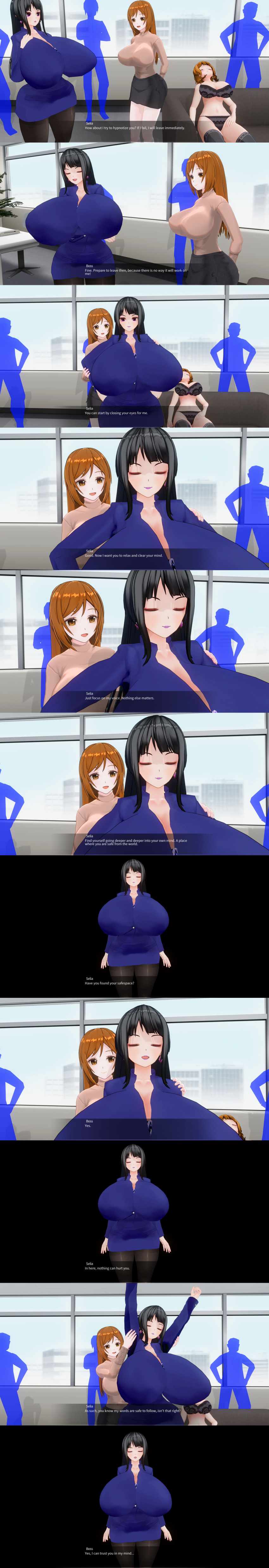 absurdres arms_above_head black_hair bra calusteri closed_eyes denial dialogue english_text femdom femsub huge_breasts long_hair multiple_boys multiple_girls multiple_subs office office_lady orange_eyes orange_hair original panties purple_eyes short_hair text underwear