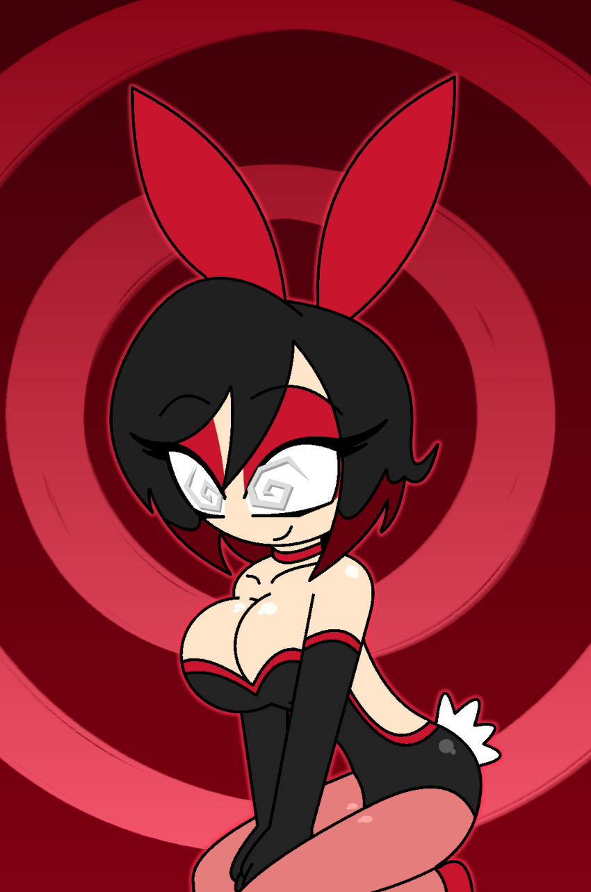 aged_up ass bare_shoulders black_hair bunny_ears bunny_girl bunnysuit choker cleavage collarbone eyebrows_visible_through_hair eyelashes eyeshadow femsub grey_eyes happy_trance hypnoscream kneeling large_breasts legs opera_gloves pantyhose pov_dom red_background red_hair ring_background ruby_rose rwby see-through shiny_skin short_hair smile spiral_eyes