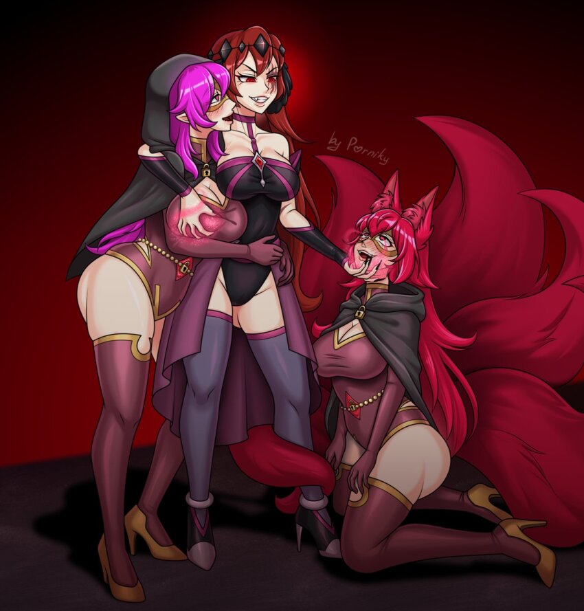anno_(anno) blush breast_grab breasts cleavage cloak cult drool elf_ears ereme_(bobbette) evil_smile eye_roll face_mask female_only femdom femsub fox_ears fox_girl fox_tail glowing_eyes groping happy_trance high_heels hood huge_breasts hypnotic_touch hypnovember kitsune_girl kneeling long_hair long_nails magic mask mitsuko_(goddessmitsuko) multiple_girls multiple_subs multiple_tails original pink_hair porniky red_eyes red_hair scar smile story tail