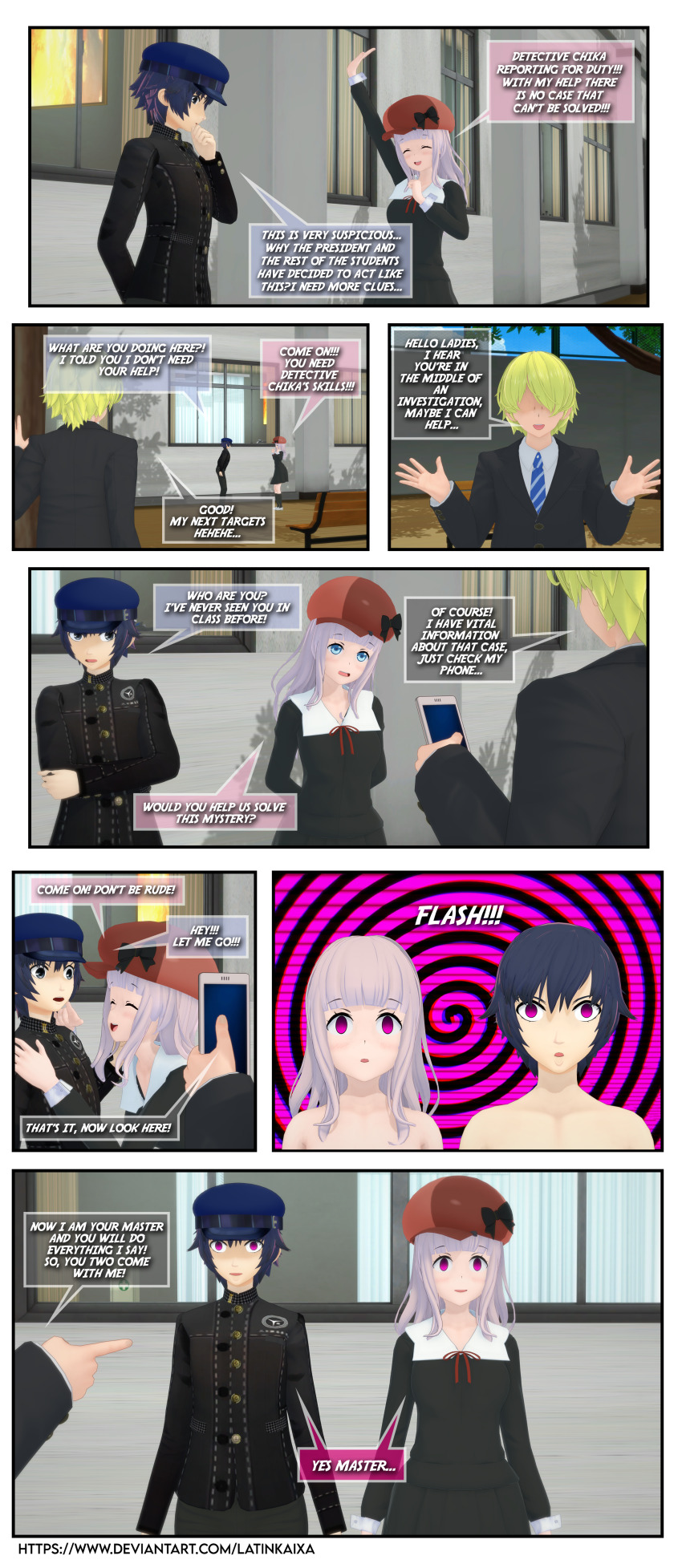 blue_hair comic dialogue femsub fujiwara_chika glowing_eyes hat hypnotic_app jacket kaguya-sama_love_is_war latinkaixa long_hair maledom multiple_girls multiple_subs naoto_shirogane pants persona_(series) persona_4 pink_hair school_uniform short_hair spiral standing_at_attention tech_control text topless