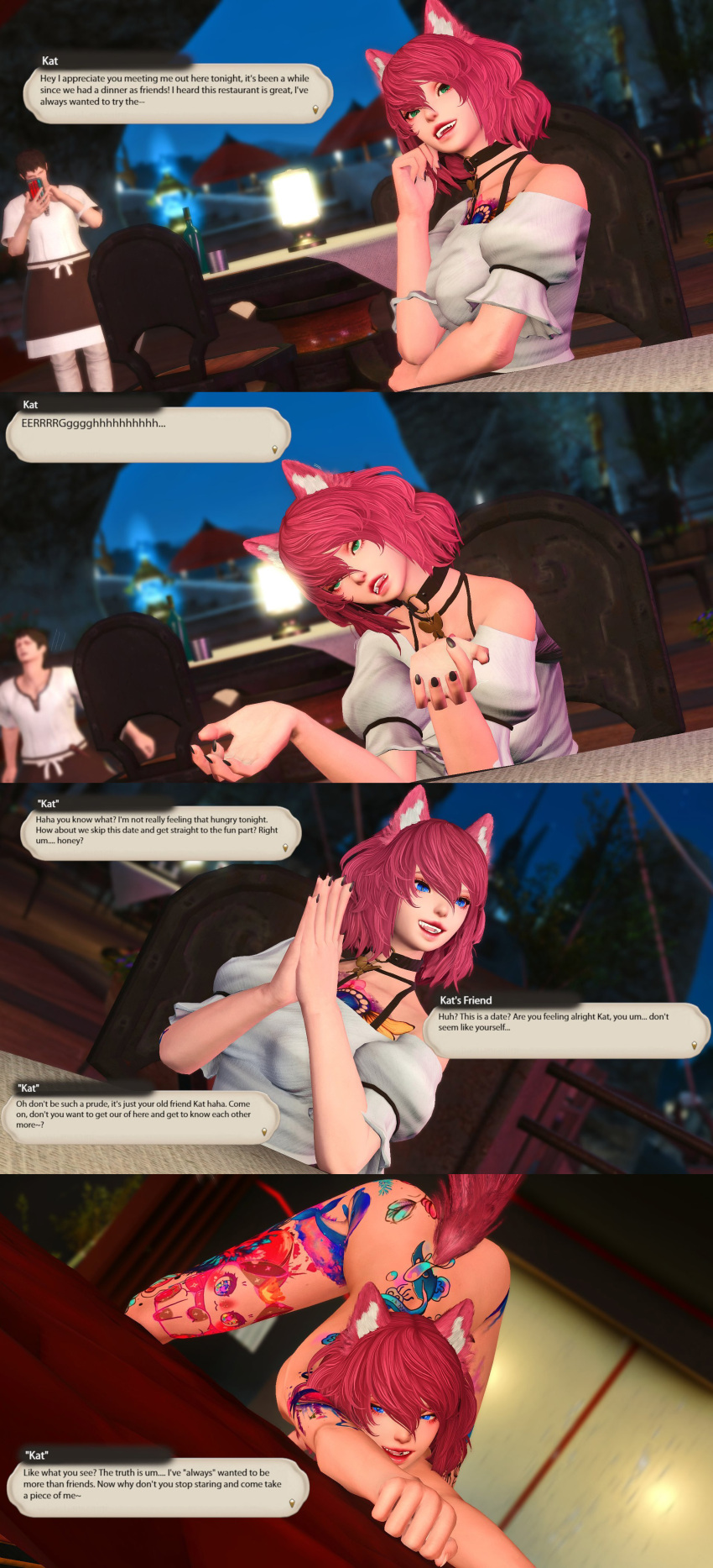 3d absurdres all_fours blue_eyes breasts cat_ears cat_girl cat_tail cell_phone chair character_request choker closed_eyes clothed edengpose edenhianne english_text eye_color_change femsub final_fantasy final_fantasy_xiv green_eyes happy_trance hypnotic_app maledom miqo&#039;te nail_polish night nude original outdoors phone posed posing presenting red_hair seductive_smile short_hair smile square_enix standing table tail tattoo tech_control text