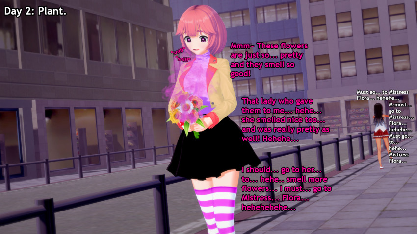 3d english_text femsub happy_trance heart_eyes hypnotic_gas hypnotic_plant hypnovember jacket julie_(liz_b) koikatsu! liz_b original pink_hair skirt text zombie_walk