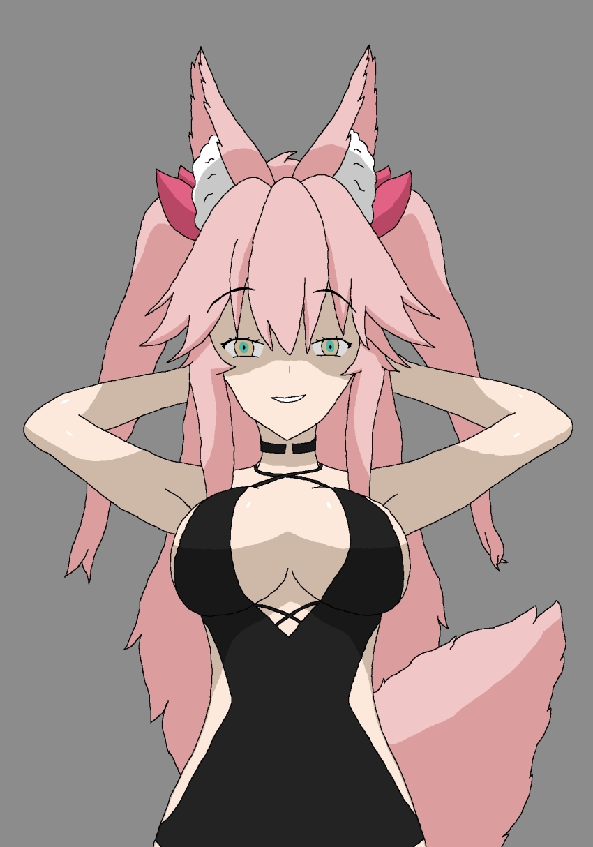 alternate_costume arms_above_head blue_eyes breasts cleavage cosplay costume dress fate/grand_order fate_(series) femsub fox_ears fox_girl fox_tail goddess grey_background justlooking727 koyanskaya large_breasts looking_at_viewer maledom multicolored_eyes pink_eyes pink_hair possession ritsuka_fujimaru_(male) smile smug very_long_hair
