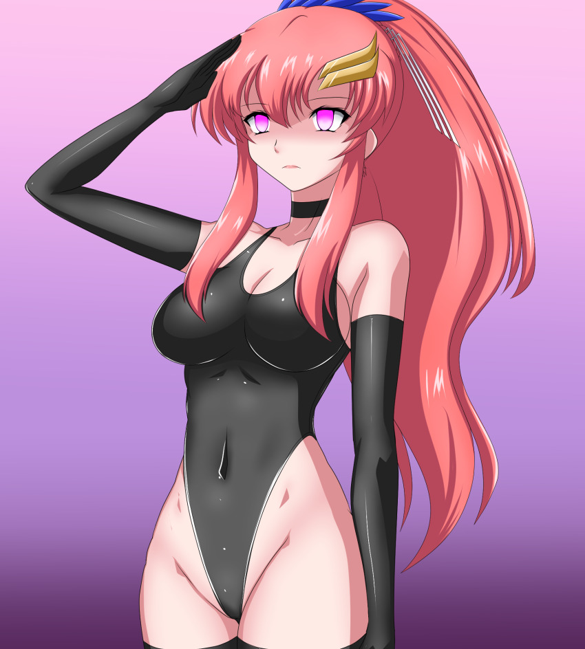 choker cleavage cleavage_cutout collarbone corruption empty_eyes expressionless female_only femsub gloves glowing_eyes gradient_background gundam_(series) gundam_seed hair_ornament lacus_clyne latex leotard opera_gloves pink_eyes pink_hair ponytail saluting sansiki03 simple_background standing_at_attention tagme thighhighs very_long_hair