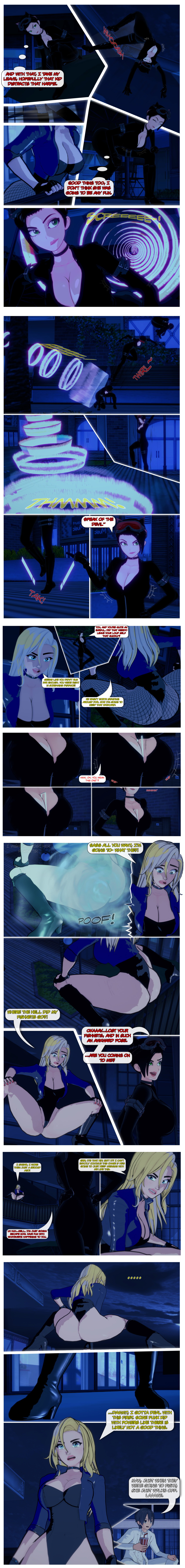 absurdres angry ass ass_focus aware black_canary black_hair blonde_hair blue_eyes catwoman choker cleavage closed_eyes clothed dc_comics dialogue dogdog english_text fishnets green_eyes grey_eyes large_ass multiple_girls short_hair text