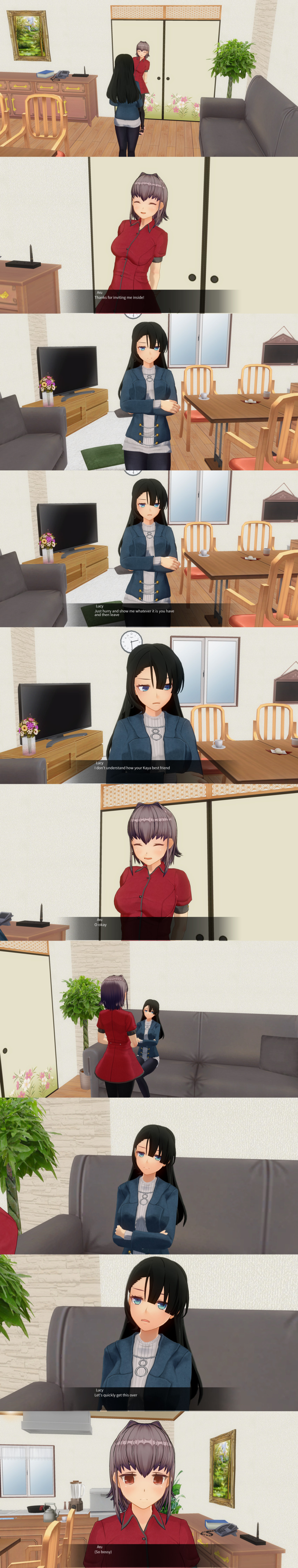 3d absurdres aware black_hair blue_eyes closed_eyes clothed dialogue english_text female_only grey_hair multiple_girls original randomnature red_eyes sequence short_hair text