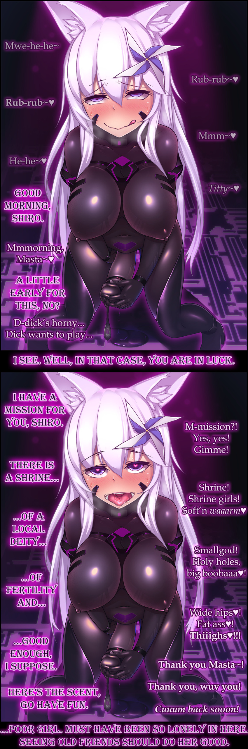 bodysuit brain_drain caption corruption fox_girl futanari futasub happy_trance heart_eyes maledom manip miyashiro_ryuutarou mizuki_(kutan) original pov_dom stewarone_(manipper) text