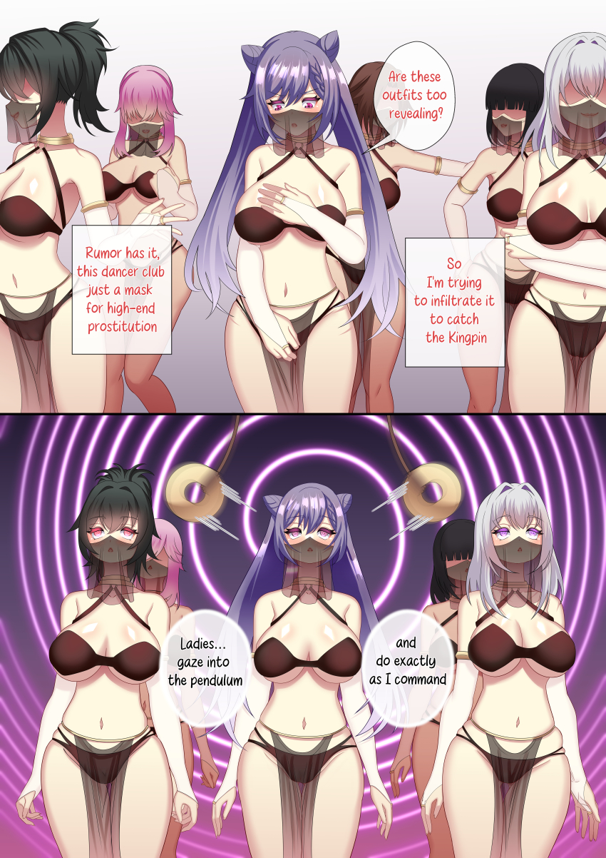 bangs bikini breasts dancer empty_eyes english_text expressionless eyeshadow femsub genshin_impact hypnotic_eyes instant_loss keqing_(genshin_impact) long_hair multiple_girls multiple_subs newgirugamon open_mouth pendulum prostitution purple_hair spiral_background text thong underboob veil