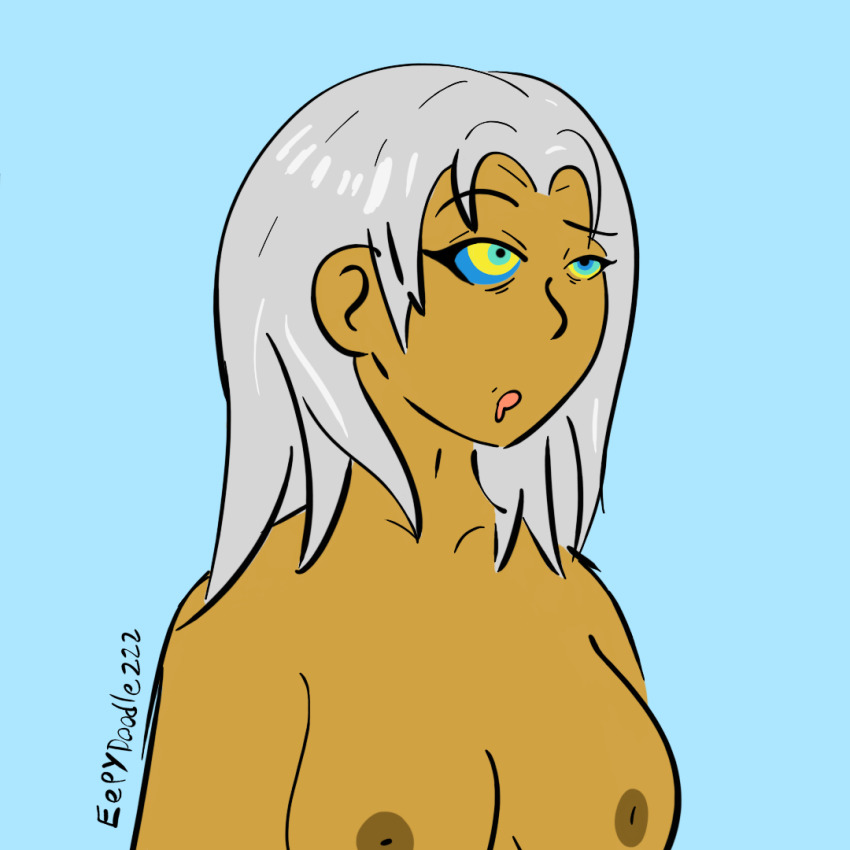 asymmetrical_eyelids breasts dazed drool eepydoodlezzz elma_(xenoblade) femsub heavy_eyelids kaa_eyes nintendo nipples silver_hair simple_background sleepy tan_skin xenoblade_chronicles xenoblade_chronicles_x