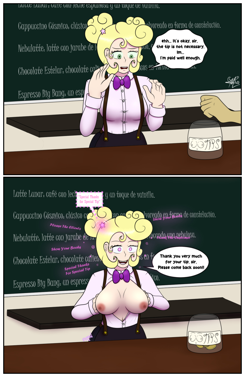 before_and_after blonde_hair breasts breasts_outside comic femsub green_eyes hypnovember m00n_key pink_eyes text trigger