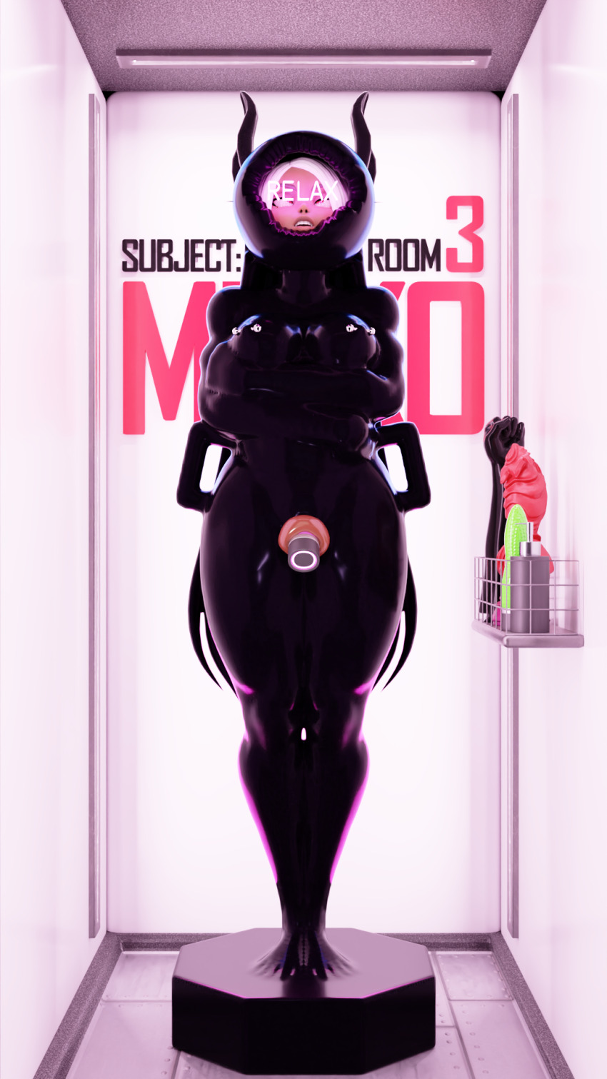 3d animal_ears bodysuit control_indicator corruption dark_skin dazed dildo female_only femsub glowing_eyes large_breasts latex long_hair my_hero_academia nipple_piercing open_mouth piercing rubber rumi_usagiyama seriiif+ solo spiral_eyes standing straitjacket vaginal vibrator white_hair