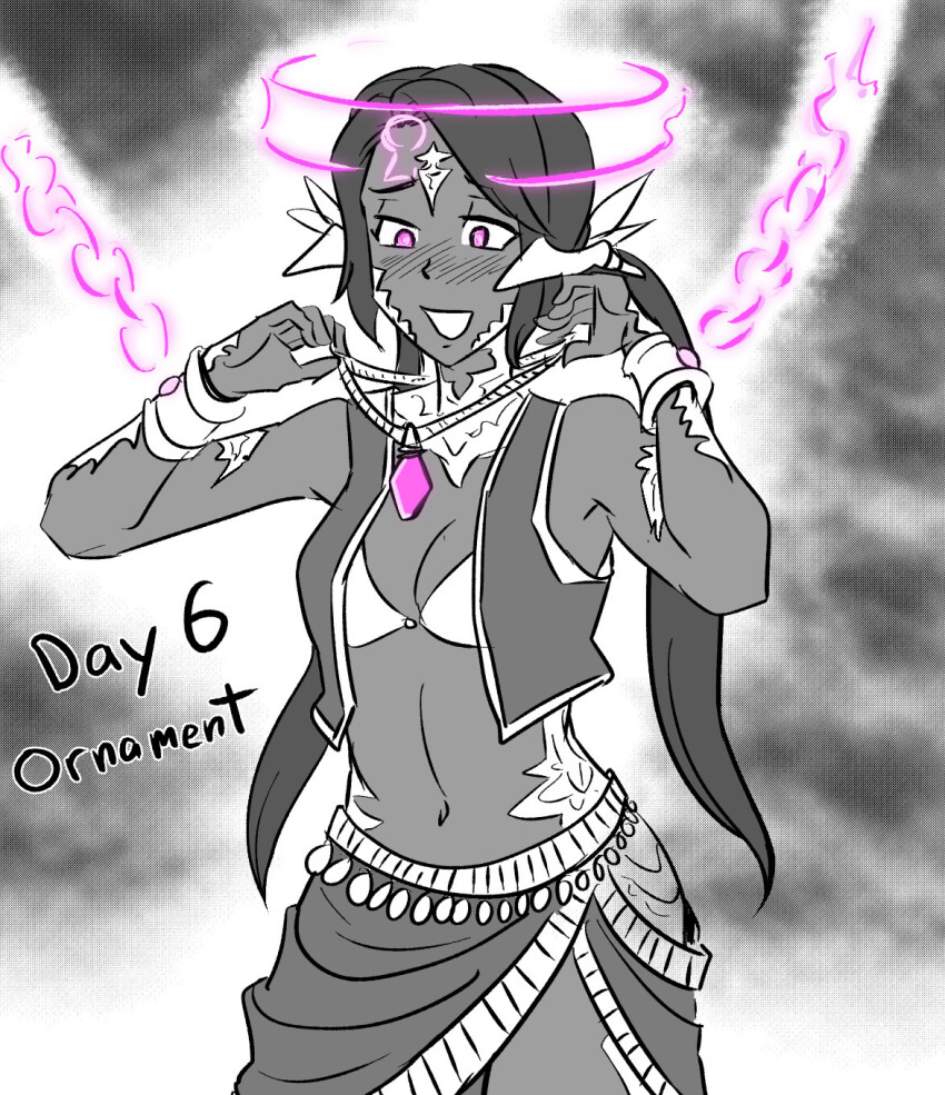 au_ra blush bra bracelet chains cleavage dark_skin female_only femsub final_fantasy final_fantasy_xiv glowing_eyes happy_trance horns hypnotic_accessory hypnovember jacket jewelry legs long_hair magic_circle majinsfw midriff navel necklace pink_eyes scales side_slits small_breasts smile solo spiral_eyes twintails