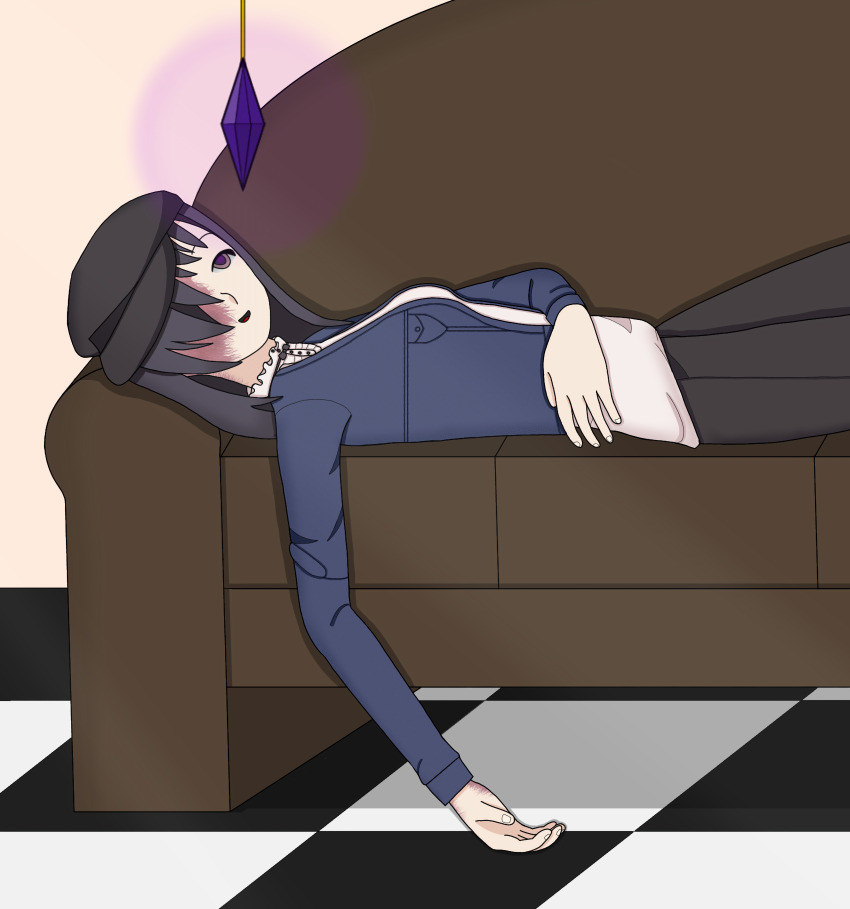 absurdres black_eyes black_hair clothed couch crystal esbypno female_only femsub glowing hair_covering_one_eye hanako_ikezawa happy_trance hat heavy_eyelids jacket katawa_shoujo long_hair lying on_back open_mouth pants purple_eyes purple_hair scars shirt smile solo