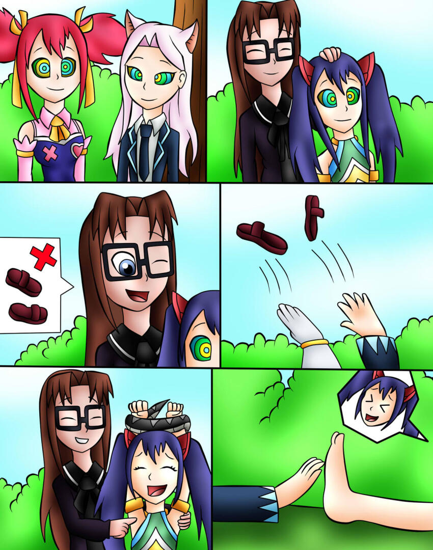 blue_hair brown_hair carla_(fairy_tail) cat_ears comic fairy_tail femdom femsub glasses happy_trance hypnotic_eyes jerrydestrtoyer naga_girl red_hair sherria_blendy snake_girl tickling wendy_marvell white_hair