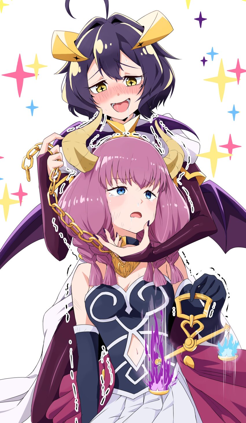 ahegao ahoge arm_warmers aura_(frieren:_beyond_journey&#039;s_end) bare_shoulders black_hair blue_eyes blush cape chains collar crossover defeated demon_girl drool eyebrows_visible_through_hair female_only femdom femsub frieren:_beyond_journey&#039;s_end gloves hair_ornament hand_on_another&#039;s_cheek horns jewelry looking_up_to_magical_girls mukunozaltusou nail_polish navel open_mouth opera_gloves pink_eyes scales short_hair sitting skirt sparkle sweat tagme tears twin_braids unhappy_trance utena_hiiragi white_background wings yellow_eyes