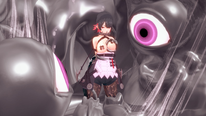 3d angry arms_behind_back bare_shoulders black_hair breast_grab collar corruption dress ellen_joe female_only femsub harness kaints koikatsu! kuromaru m.u.g.e.n. multicolored_hair pantyhose pasties red_eyes red_hair restrained short_hair shorts solo tail tentacles wet zenless_zone_zero