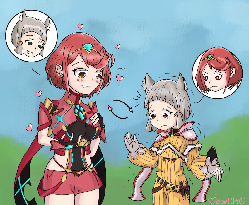 arrow blush body_swap breast_fondling breast_grab breasts cat_ears cat_girl english_text female_only femdom femsub fingerless_gloves gloves grey_hair happy_trance heart holding_breasts hombremorido large_breasts nia_(xenoblade) outdoors pyra_(xenoblade) red_eyes red_hair short_hair signature smile speech_bubble tears text unhappy_trance xenoblade_chronicles xenoblade_chronicles_2 yellow_eyes