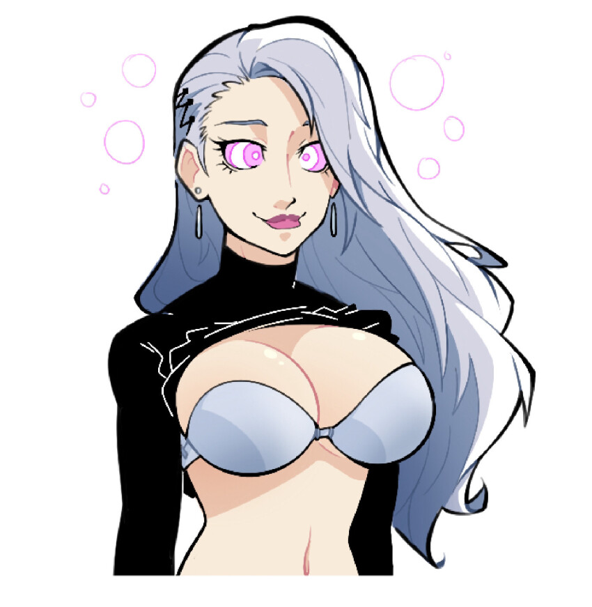 bra bubble dazed earrings expressionless female_only femsub happy_trance himbonosis long_hair navel persona_(series) persona_5 pink_eyes ring_eyes sae_niijima shirt_lift silver_hair simple_background smile solo underwear white_background