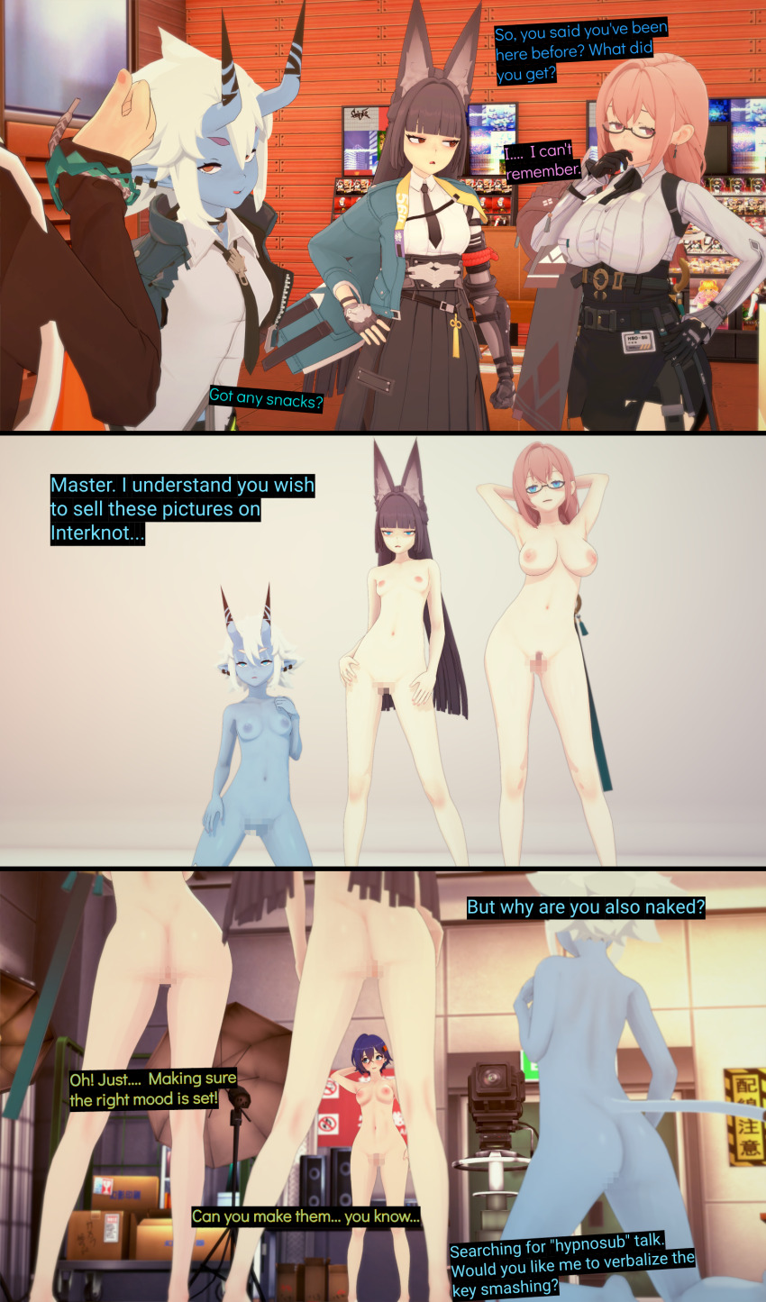 3d belle_(zenless_zone_zero) black_hair blue_eyes blue_skin cyanstargazer fairy_(zenless_zone_zero) femdom femsub fox_ears fox_girl glasses horns hoshimi_miyabi koikatsu! large_breasts multiple_girls multiple_subs oni_girl pink_hair posing possession shoukaku_(zenless_zone_zero) small_breasts tech_control text tsukishiro_yanagi white_hair zenless_zone_zero