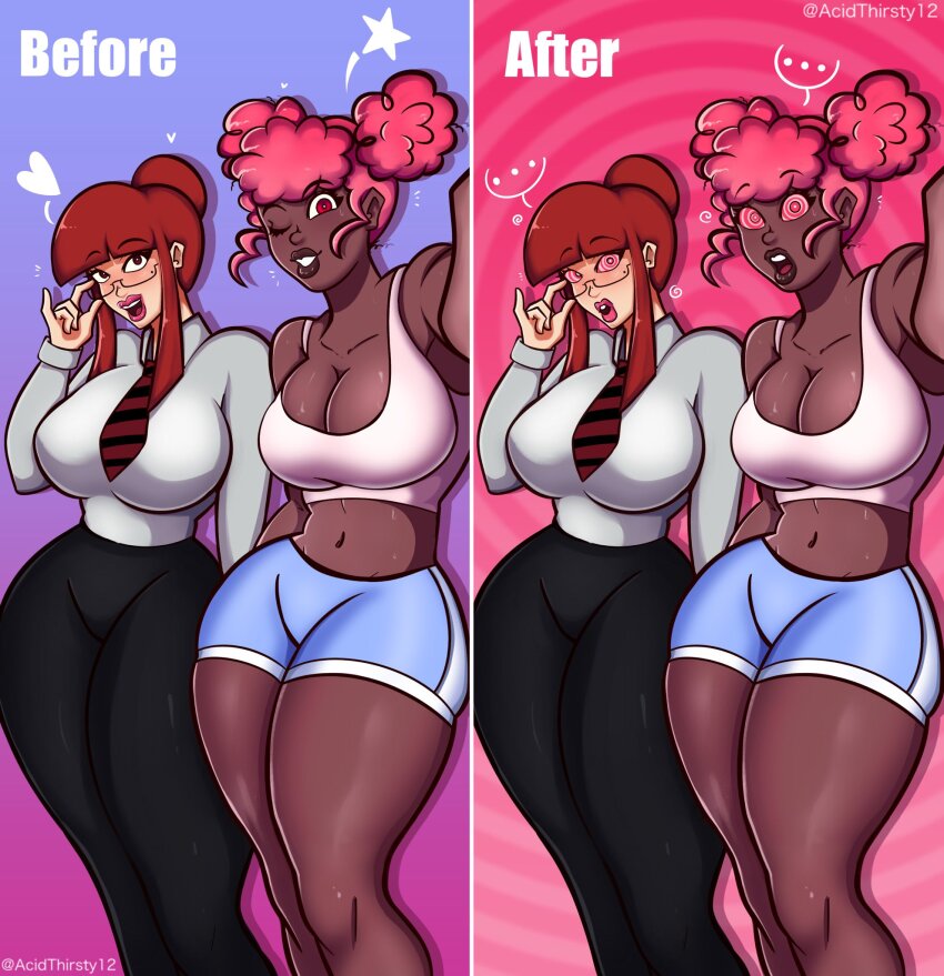 acidthirsty12 arianna_(acidthirsty12) before_and_after comic femsub glasses happy_trance helmet jess_(kylewtb) office_lady original resisting spiral spiral_eyes symbol_in_eyes tech_control