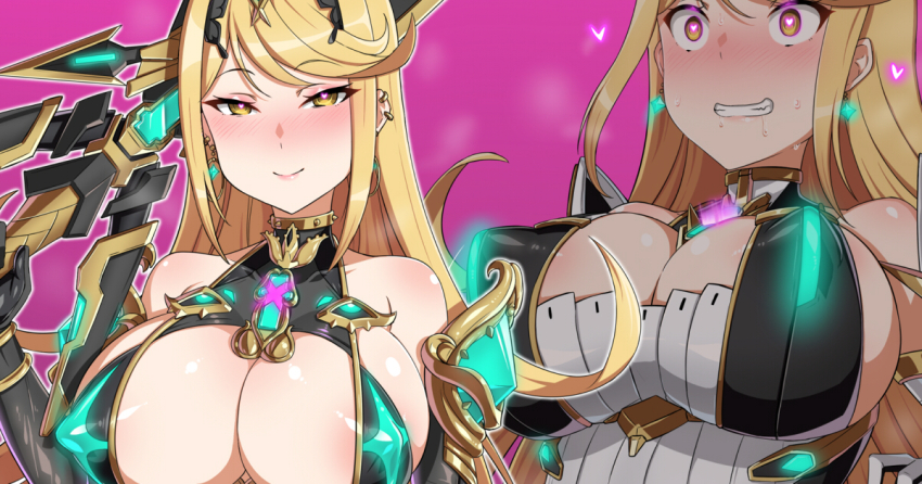 alternate_costume bare_shoulders blonde_hair blush breath cleavage clothed_exposure dazed dress earrings erect_nipples erect_nipples_under_clothes gloves glowing_eyes happy_trance heart_eyes ikidumi large_breasts looking_at_viewer mythra_(xenoblade) navel nintendo opera_gloves pink_background pussy pussy_juice simple_background smile sweat sword symbol_in_eyes trembling very_long_hair weapon xenoblade_chronicles xenoblade_chronicles_2