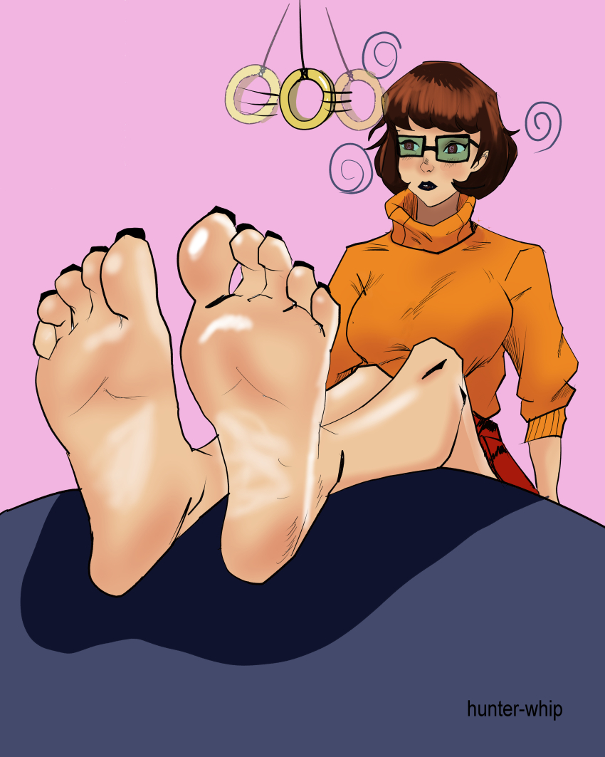 brown_eyes brown_hair feet femsub foot_focus glasses pendulum scooby-doo_(series) simple_background spiral spiral_eyes velma_dinkley