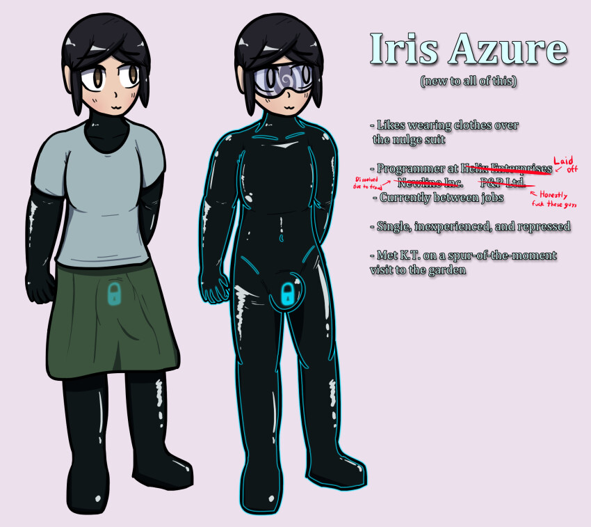 black_hair bodysuit brown_eyes bulge character_profile clothed collarbone consensual drone eyebrows_visible_through_hair female_only femsub glowing happy_trance iris_azure latex null_bulge original self_hypnosis shirt short_hair simple_background skirt smile solo spiral tech_control text tight_clothing trance_delightful visor