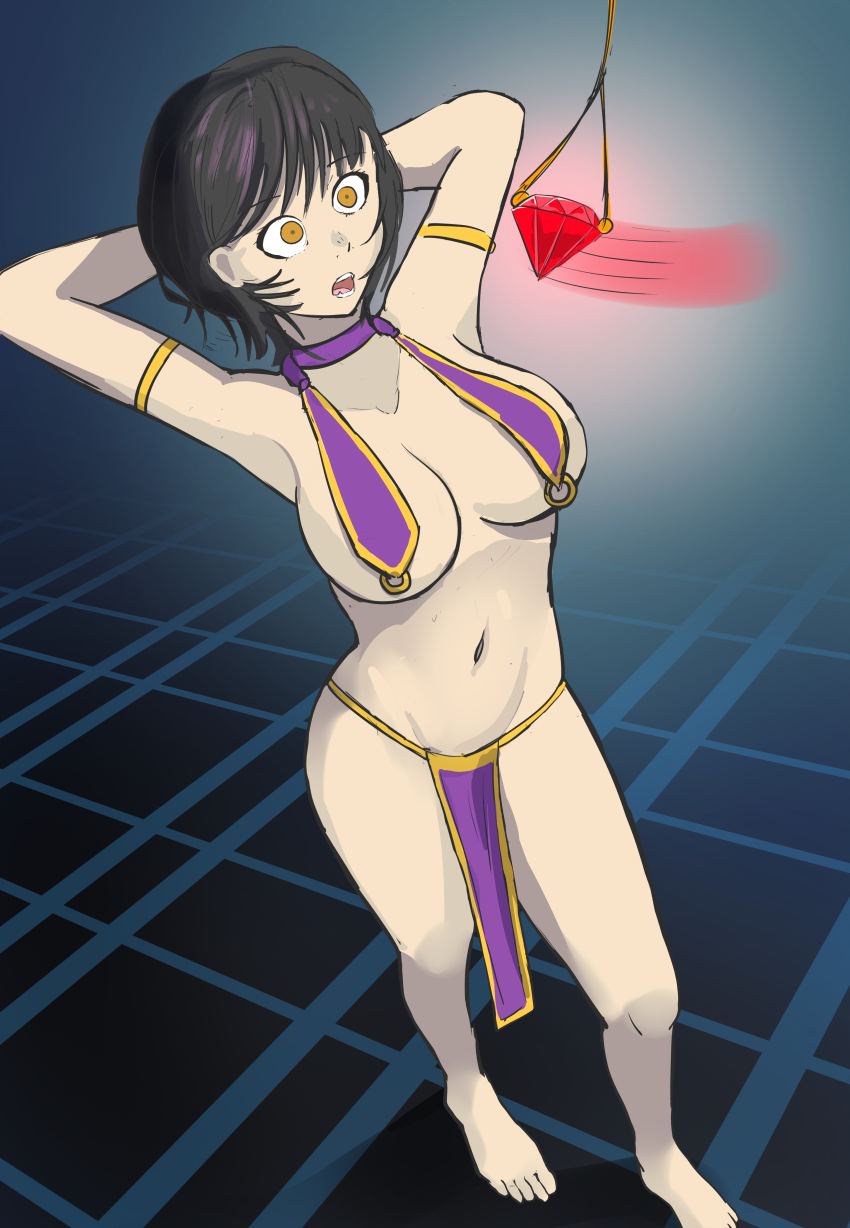 armpits arms_above_head arms_behind_back bare_legs barefoot black_hair bracelet character_request choker cleavage collarbone crystal feet female_only femsub glatu glowing harem_outfit jewelry large_breasts midriff navel open_mouth orange_eyes pendulum short_hair sideboob solo underboob