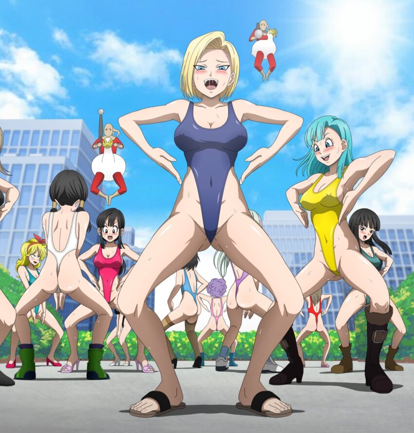 android_18 ass black_hair blonde_hair blue_hair blush bodysuit bulma_briefs chichi dragon_ball femsub haigure happy_trance large_breasts launch leotard long_hair mai_(dragon_ball) ranfan short_hair smile swimsuit videl z