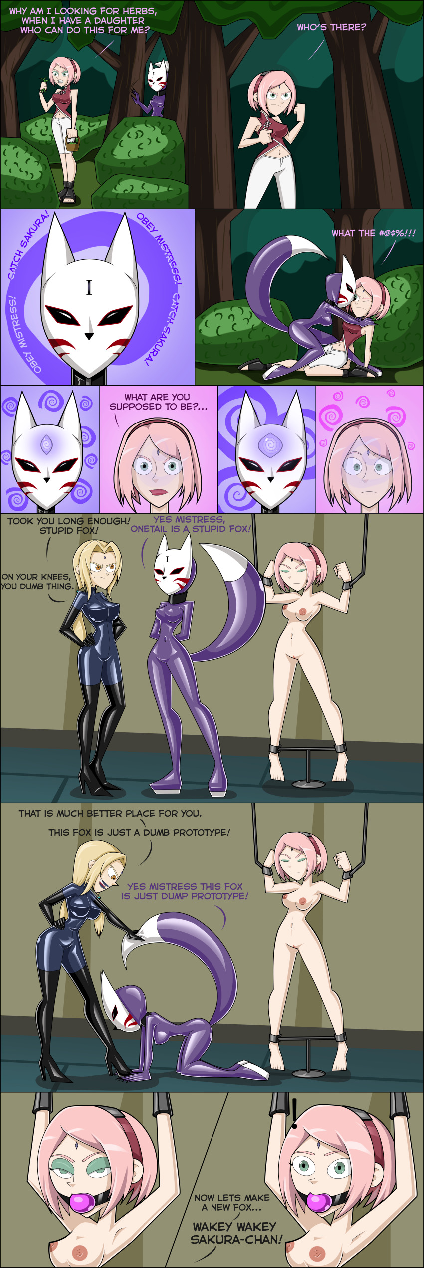 absurdres animal_ears assimilation ball_gag bodysuit comic dominatrix english_text female_only fembot femdom femsub fox_girl gag hinata_hyuuga hypnotized_hypnotist latex mask multiple_subs naruto_(series) nude rosvo sakura_haruno tagme tail text tsunade