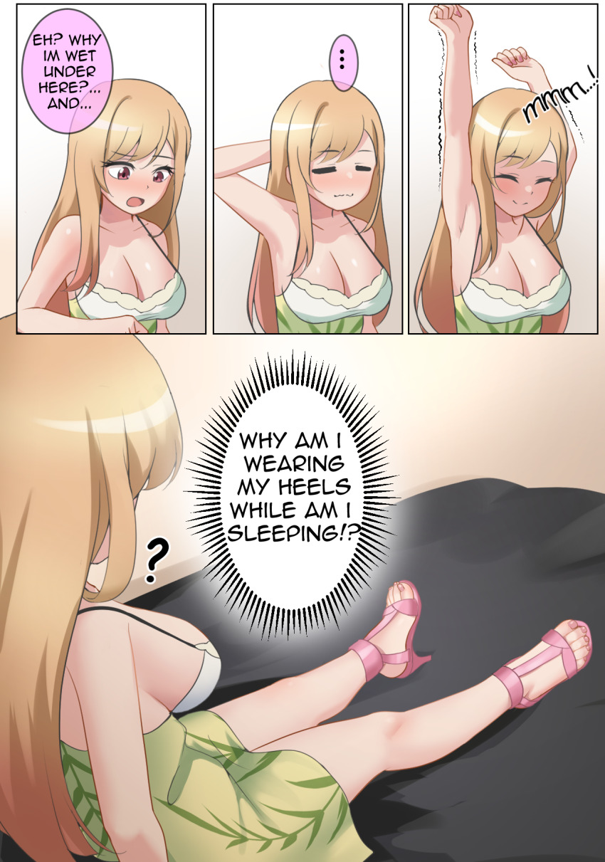 amnesia bangs bed blonde_hair breasts cleavage comic confused dress feet female_only high_heels large_breasts long_hair maozi_dan marin_kitagawa memory_alteration memory_lapse my_dress-up_darling nail_polish right_to_left sandals solo text toenail_polish