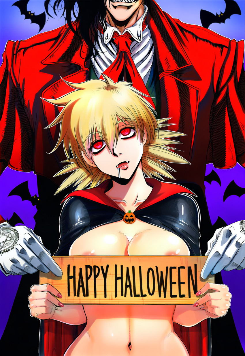 ai_art alucard_(hellsing) black_hair blonde_hair cape dazed drool english_text fangs femsub gloves glowing_eyes halloween hellsing hellsing002_(generator) maledom navel nipples seras_victoria sharp_teeth vampire