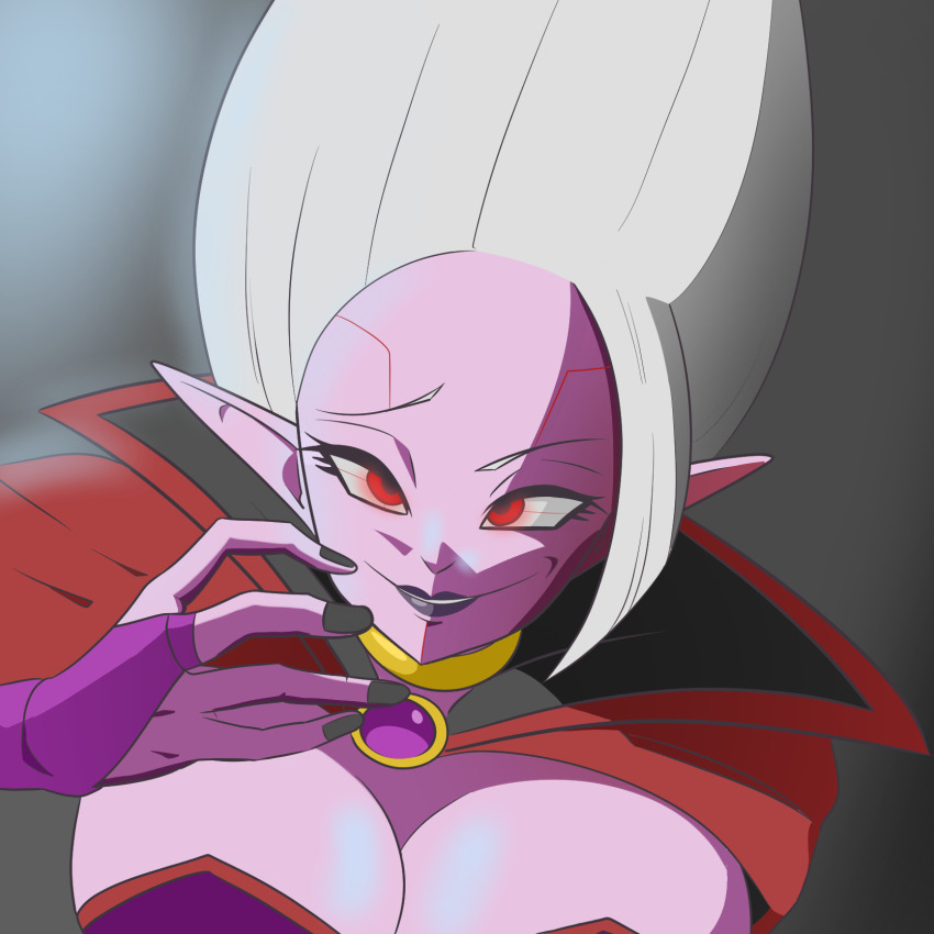 baby_(dragon_ball) blazy69 breasts cleavage corruption dr._arinsu dragon_ball dragon_ball_daima dragon_ball_gt elf_ears femsub large_breasts looking_at_viewer pink_skin possession red_eyes smile white_hair