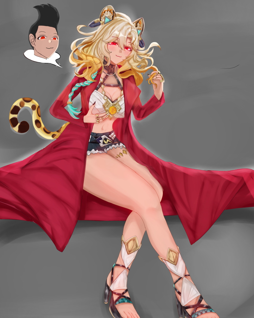 a_(adzrcool45) alternate_costume bare_legs black_hair blonde_hair breast_fondling breasts coat crossed_legs eye_color_change femsub genshin_impact legs long_hair maledom midriff nail_polish navel original possession red_eyes sandals short_hair sitting speech_bubble tail xilonen_(genshin_impact) yang_yang